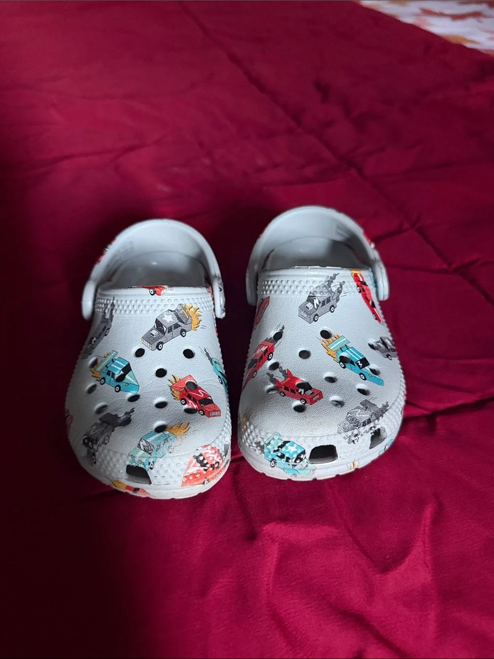 CROCS Kids White Clog with Colorful Race Car Print